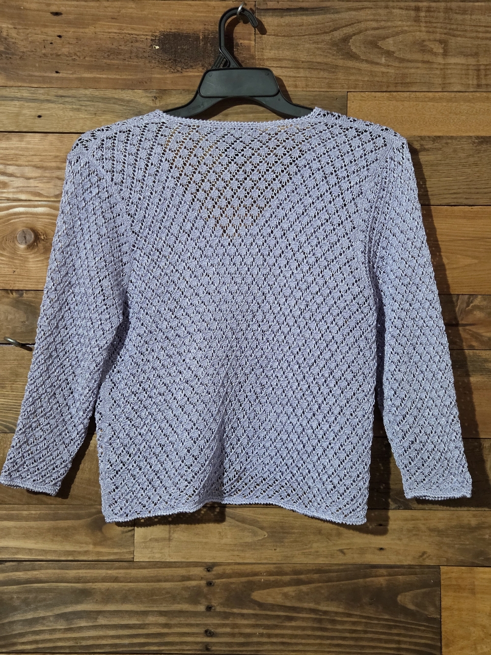Lavender Open Knit Crochet Cardigan Pointelle 3/4 Sleeve Button Front Petite XL - Picture 5 of 7